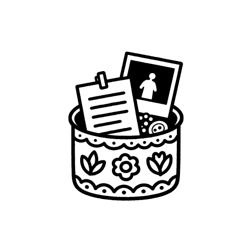 Illustration of a decorative container with floral patterns holding a polaroid photo and a letter.